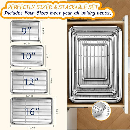 Baking Sheet Pan Set of 8, CEKEE Stainless Steel Cookie Sheets for Baking with Cooling Rack, Small/Quarter/Jelly Roll Pans, 9/10/12/16 Inch, 0.8mm Thick Heavy Duty & Non Toxic & Easy Clean
