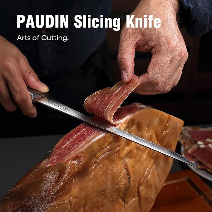 PAUDIN Carving Knife, 10 Inch Ham Slicing Knife for Meat Cutting, High Carbon Stainless Steel, Ergonomic Pakkawood Handle with Sheath, Ultra Sharp Blade for Prosciutto/Jamon Serrano, Gift Box