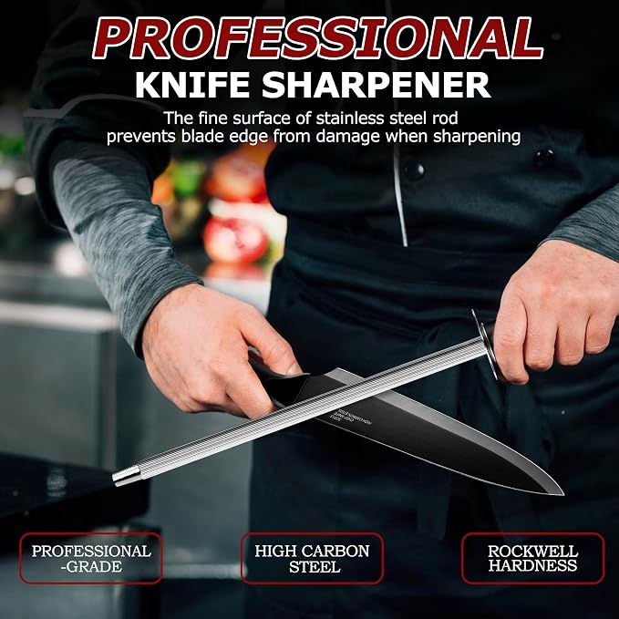 LIANYU Kitchen Knife Set with Block and Sharpener, 15 Pieces Knife Block Set, High Carbon Stainless Steel Chef Knife Set, Includes Utility Paring Santoku Steak Knife, Sharp&Rust Resistant, Black