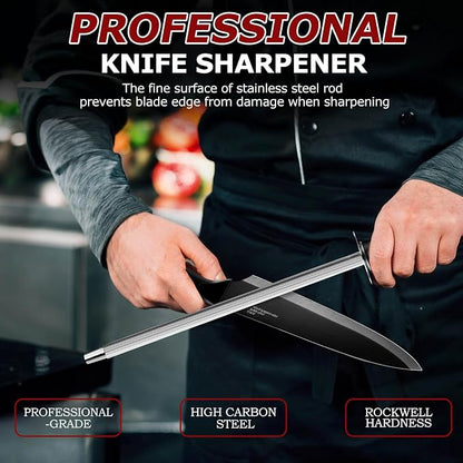 LIANYU Kitchen Knife Set with Block and Sharpener, 15 Pieces Knife Block Set, High Carbon Stainless Steel Chef Knife Set, Includes Utility Paring Santoku Steak Knife, Sharp&Rust Resistant, Black