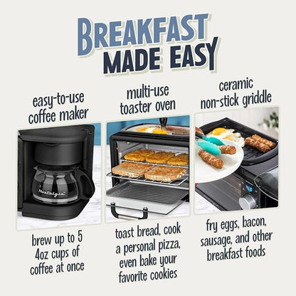 Nostalgia 3-in-1 Retro Breakfast Station - Includes 5 (4 Oz) Cup Coffee Maker, Non-Stick Ceramic Griddle, and 4-Slice Toaster Oven - Built-In Timer, Reusable Coffee Filter, Space-Saving Design - Black