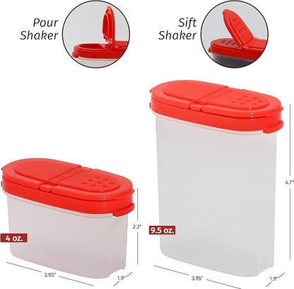 SIGNORA WARE Spice Jars with Lids -8 and 4 oz Refillable Empty Airtight Spice/Seasoning Containers Set -2 in 1 Pour/Sift Shaker Lids Clear Plastic Spice/Seasoning Organizer Kitchen/Travel 8 pk.Red