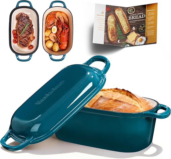 4.6-Quart Oval Dutch Oven for Bread Baking, 2 in 1 Enameled Cast Iron Bread Pan with Lid, Sourdough Baking Pan for a Crispy Crust, Teal