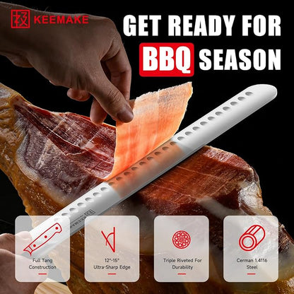 KEEMAKE Brisket Knife, 12‘’ Carving & Slicing Knife with Ergonomic Handle, German High-Carbon Steel, Sheath Included, Razor Sharp for Meat, Roasts, BBQ, Turkey, Grilling Gifts for Men