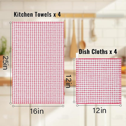 Homaxy Kitchen Towels and Dishcloths Set, 16 x 25 and 12 x 12 Inches, Set of 8 Cotton Terry Kitchen Dish Towels, Super Soft and Absorbent Dish Cloths, Blue/Pink/Red/Brown