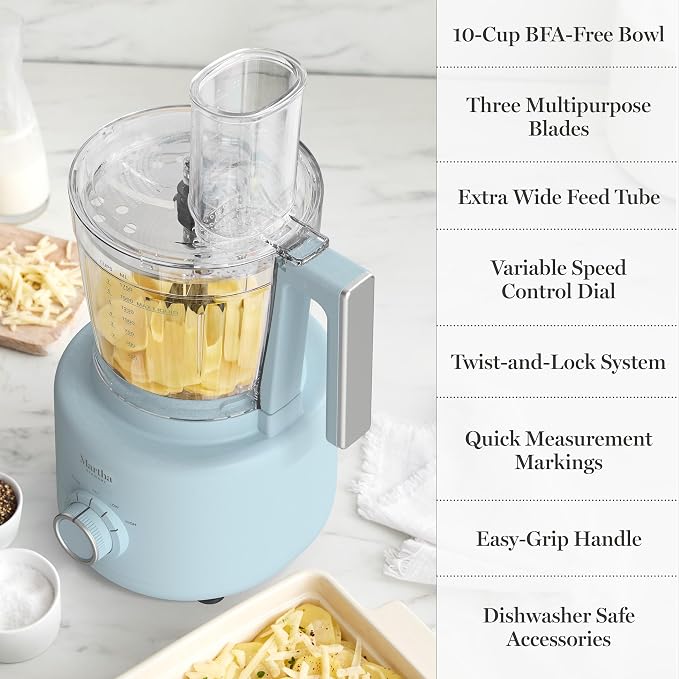 Martha Stewart Food Processor, 10-Cup Electric Chopper for Slicing, Shredding, Mincing and Puree, BPA-Free Twist & Lock Bowl, 3 Multipurpose Blades, Variable Speed Dial, Wide Feed Chute, Sky Blue