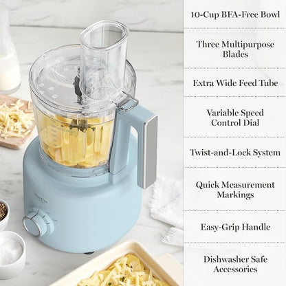Martha Stewart Food Processor, 10-Cup Electric Chopper for Slicing, Shredding, Mincing and Puree, BPA-Free Twist & Lock Bowl, 3 Multipurpose Blades, Variable Speed Dial, Wide Feed Chute, Sky Blue