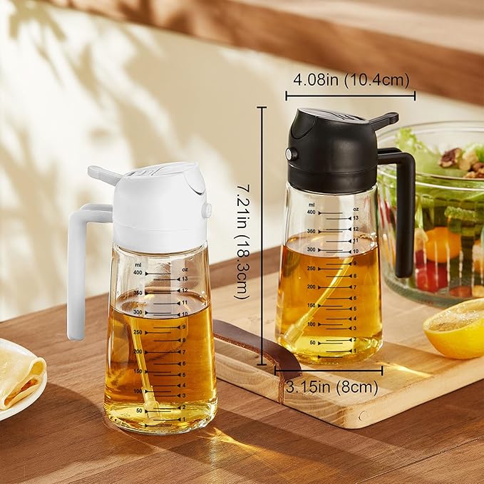 TrendPlain 16oz/470ml Glass Olive Oil Sprayer for Cooking – 2 in 1 Olive Oil Dispenser Bottle for Kitchen Gadgets and Air Fryer Accessories, Salad, BBQ - White & Green