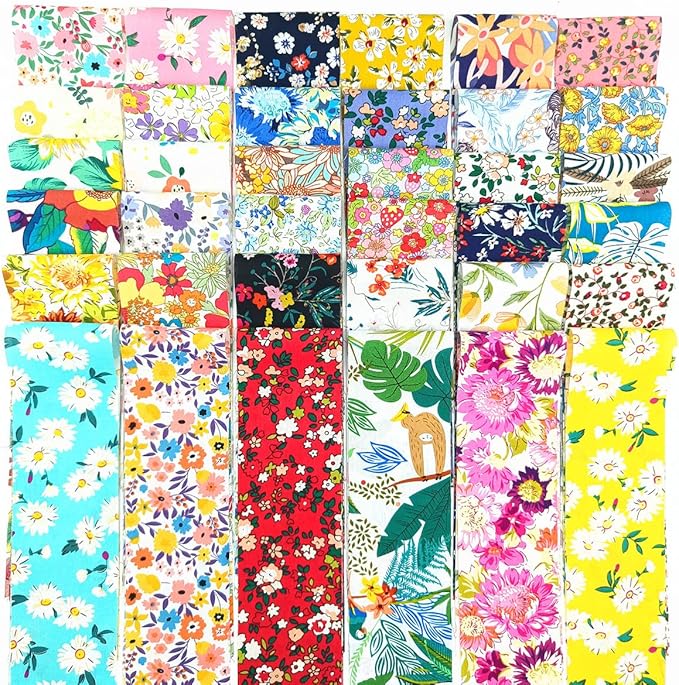 7 pcs 20" x 20" Cotton Fabric DIY Making Supplies Quilting Patchwork Fabric Fat Quarter Bundles DIY for Quilting Cotton Patchwork Cushions (Flowers, 2.4" x19")