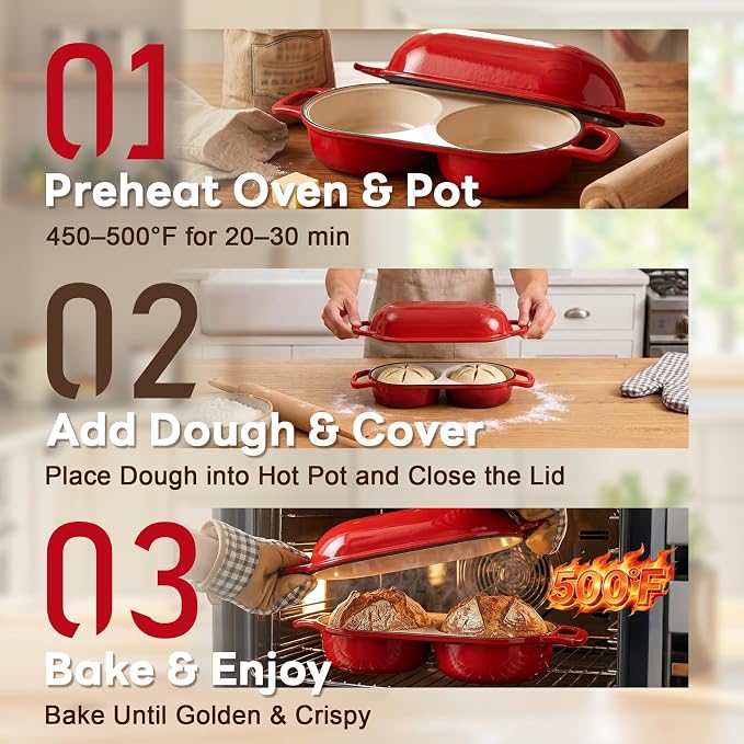 Double Dutch Oven Bread Baker, Cast Iron Sourdough Baking Pan with Lid, Dual Loaf Artisan Bread Cooker, Small Dutch Oven for Bread Baking for Home Kitchen, Professional 500°F Heat Resistant Red Enamel
