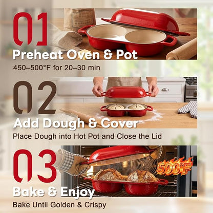 Double Dutch Oven Bread Baker, Cast Iron Sourdough Baking Pan with Lid, Dual Loaf Artisan Bread Cooker, Small Dutch Oven for Bread Baking for Home Kitchen, Professional 500°F Heat Resistant Red Enamel