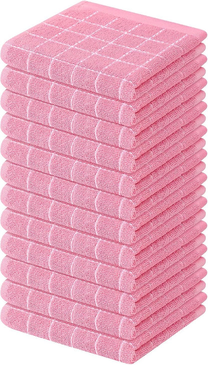 Mordimy 100% Cotton Terry Cloth Dish Cloths, Soft and Absorbent Checkered Dish Towels, Quick Drying Dish Rags for Washing Dishes, 12 Pack, 12 x 12 Inches, Pink