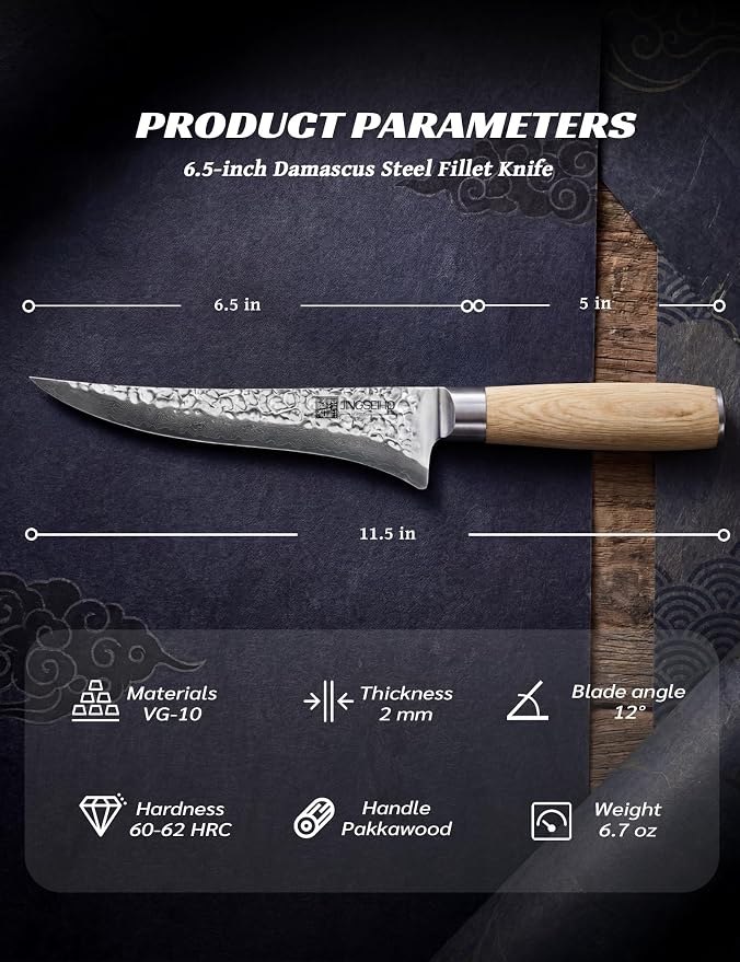 Fillet Knife for Fish and Meat, Lab Tested Ultra and Long-lasting Sharp, VG-10 Core 67Layers Damascus Stainless Steel Fishing Filet Knife, Premium Forged for Filleting and Cleaning