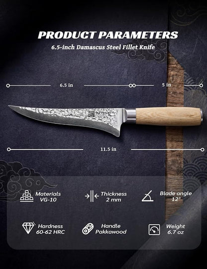 Fillet Knife for Fish and Meat, Lab Tested Ultra and Long-lasting Sharp, VG-10 Core 67Layers Damascus Stainless Steel Fishing Filet Knife, Premium Forged for Filleting and Cleaning