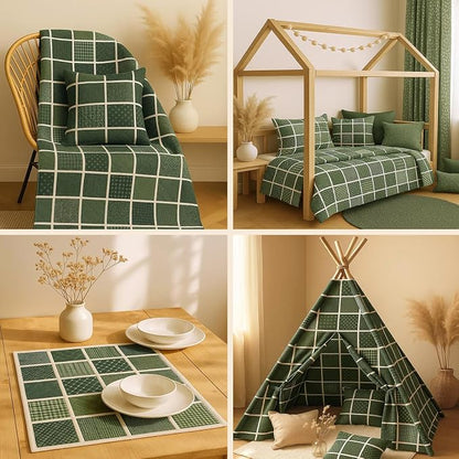 Cotton Satin Patchwork Fabric Panel – 35 Designs, 20×20 cm Squares, Single Piece 150×110 cm, Green Botanical Quilt Fabric (Forest Green Patchwork Set, 35pcs 8x8 inch)