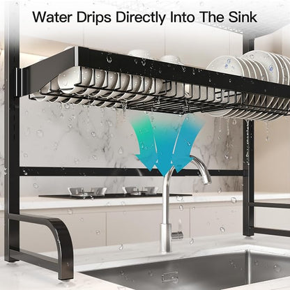 MAJALiS 3 Tier Extra Large Stainless Steel Expandable Over The Sink Dish Drainer Drying Rack, Rust Proof Metal, Space Saving, Modern Black Big Capacity Extendable Plate Strainers Above Counter