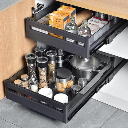 YOHOM Pull Out Cabinet Organizer – 23" W x 21" D Aluminum & Glass Drawer Organizer with Removable Dividers, Heavy Duty Pull Out Shelf for Kitchen Cabinets, Sliding Storage Tray, DIY Single Tier