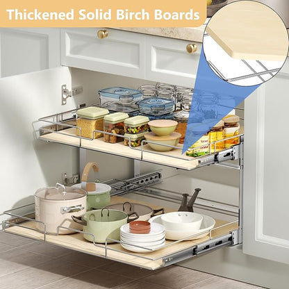 ROOMTEC 2 Tier Individual Pull Out Cabinet Organizer 28½"W x 21½"D, Slide Out Wood Shelves Organizers, Pull Out Drawers Organization and Storage for Kitchen Cabinet