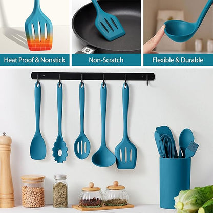 LIANYU 14 Pcs Cooking Utensils Set with Holder, Heat Resistant Silicone Kitchen Cookware Utensils Set, Kitchen Cooking Tools Includes Spatula Spoon Turner Whisk Tong, Dishwasher safe, Dark Blue