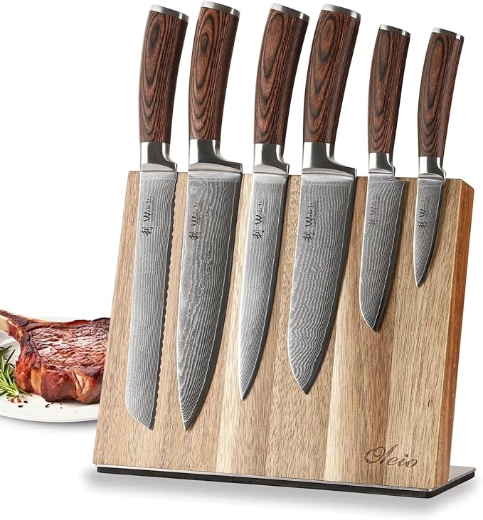 Wakoli EDIB 6-Piece Damascus Knife Block Set, VG10 Core 67-Layer Damascus Steel Kitchen Knives with Magnetic Acacia Wood Block, Ergonomic Pakkawood Handles, Hand Wash Only