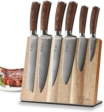 Wakoli EDIB 6-Piece Damascus Knife Block Set, VG10 Core 67-Layer Damascus Steel Kitchen Knives with Magnetic Acacia Wood Block, Ergonomic Pakkawood Handles, Hand Wash Only