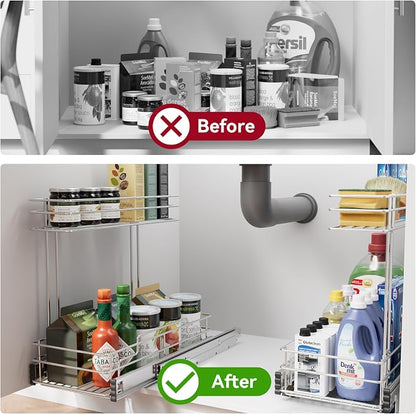 Under Sink Organizer 9" W X17 D, Pull Out Cabinet Organizer 2 Tier, Under Sink Slide Out Chrome Plated, Under Kitchen Bathroom Sink Organizer, Pantry Cabinet Closet Organization Rack, 2 Pack