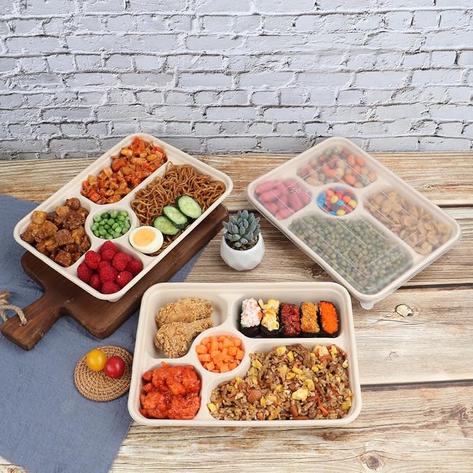 40 oz 5 Compartments disposable Sugarcane Fiber plates with Lids Bagasse Plant Fibers Freezer Safe 25 Pack