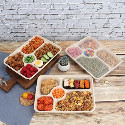 40 oz 5 Compartments disposable Sugarcane Fiber plates with Lids Bagasse Plant Fibers Freezer Safe 25 Pack