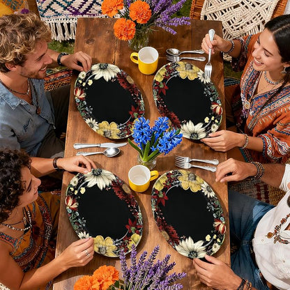 50Pcs Boho Flower Oval Paper Plates 10" x 12" Large Disposable Heavy Duty Black Vintage Floral Dessert Platters for SummerTropical Night Birthday Wedding Bridal Shower Tea BBQ Party Decorations