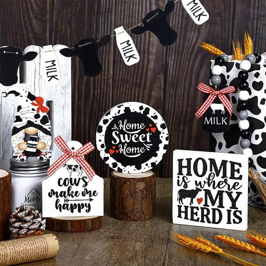 Yulejo 6 Pcs Farmhouse Tiered Tray Decor Bundle - Rustic Farmhouse Mini Rolling Pins & Beaded Garland - Home Kitchen Shelf (Cow Style)