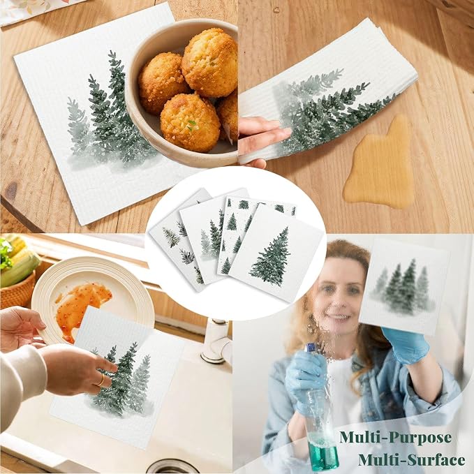 Christmas Pine Tree Winter Swedish Dishcloths for Kitchen, Swedish Dish Cloths for Christmas Tree, Papaya Reusable Paper Towels, 4 Pack Dish Towels for kitchen, Reusable Paper Towels Washable