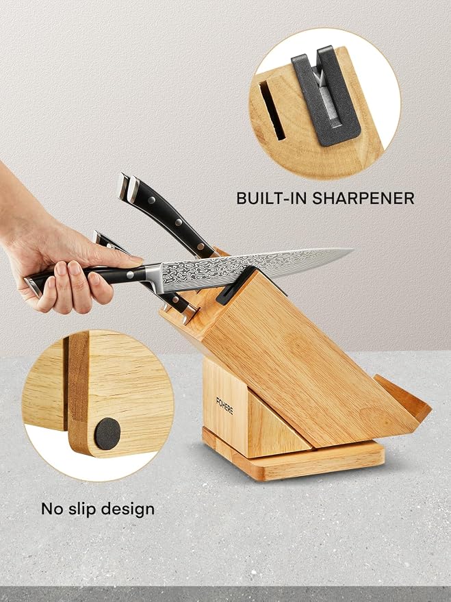 Knife Set with Block, 7-Piece German Stainless Steel Knife Set for Kitchen, Rotating Design with Built-in Sharpener & Phone Stand for Watching Recipes While Cooking, Gift