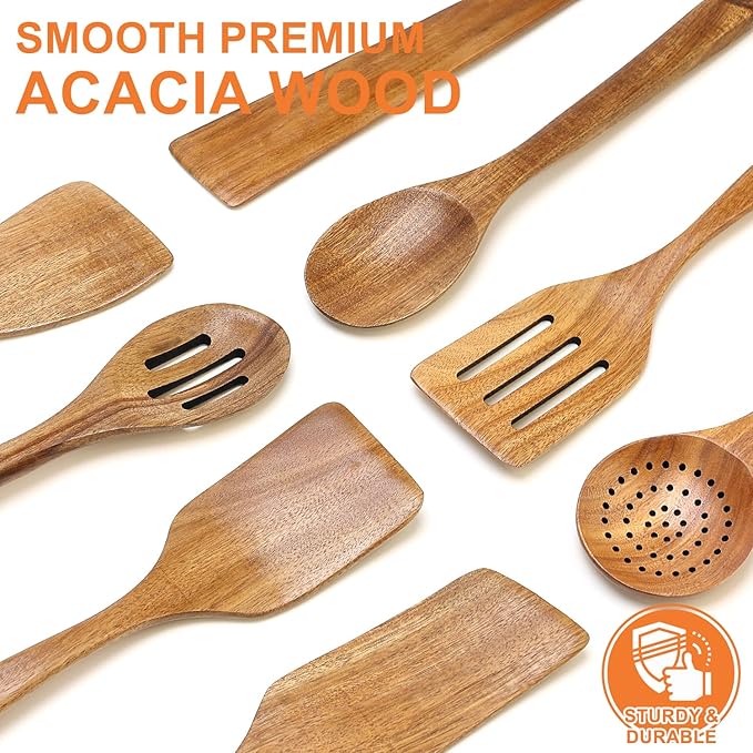 8 Pcs Best Acacia Wood Kitchen Utensil Set Wooden Spoons for Cooking Wok Turner Spatulas Bamboo Non Toxic Cooking Utensils Scraper Spurtle Kitchen Slotted Cooking Spoon Flat Egg Flipper Spatula Set