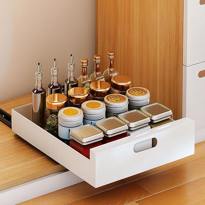 bealy 21'' Deep Pull Out Cabinet Organizer Adhesive, 10'' Wide Roll Out Cabinet Drawers for Face Frame or Frameless Cabinets, Sturdy Carbon Steel Kitchen Organizer Shelf for Pantry, Kitchen, Bathroom