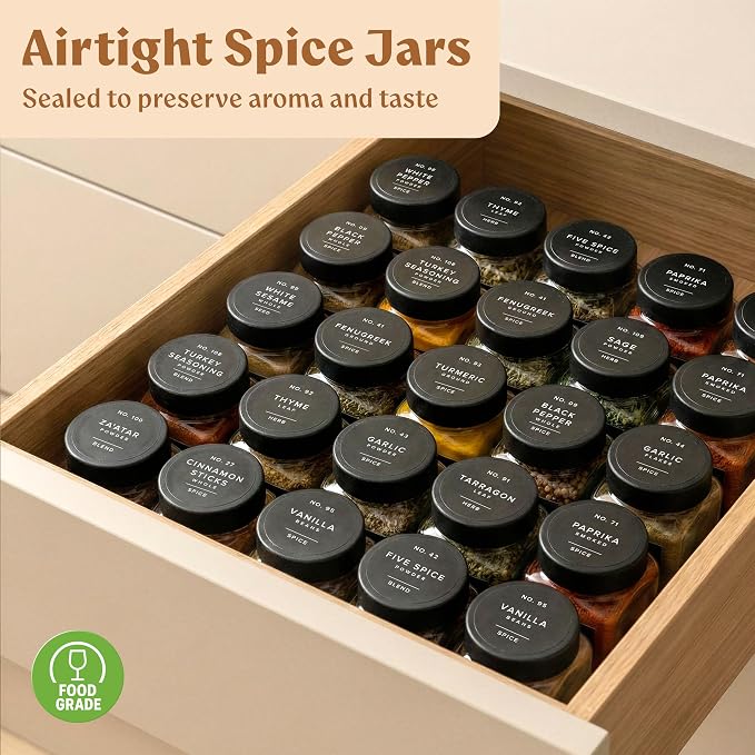 EDELHAUS Glass Spice Jars with Labels (24 x 4oz) Spice Containers with 240 Labels, Shaker Inserts, Funnel, Empty Square Empty Square Seasoning Organizer (Black Lids)