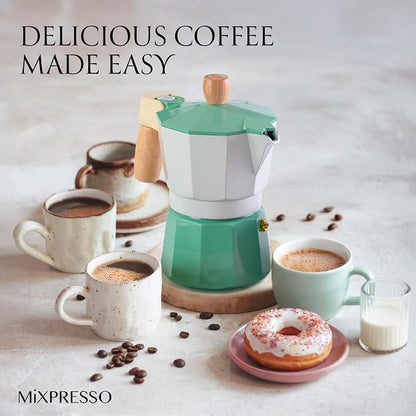 Mixpresso Moka Pot 3 Cup (5 oz Total) – Stovetop Espresso Maker for Gas & Electric Stove, Aluminum Cuban & Italian Coffee Maker, Small Size Espresso Brewer