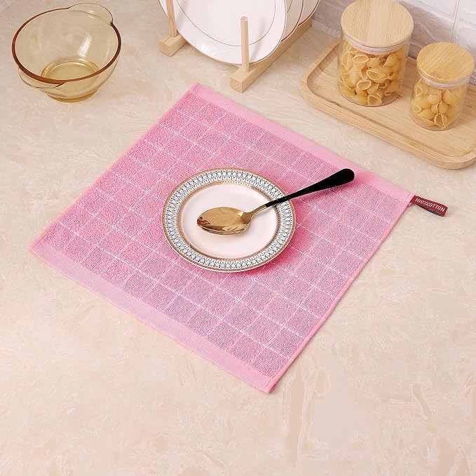 Mordimy 100% Cotton Terry Cloth Dish Cloths, Soft and Absorbent Checkered Dish Towels, Quick Drying Dish Rags for Washing Dishes, 8 Pack, 12 x 12 Inches, Pink
