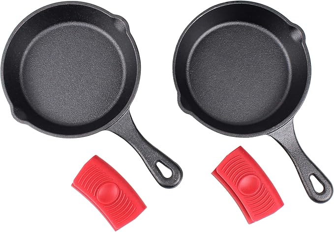 6" Cast Iron Skillet Set of 2 (Pre-Seasoned) with 2 Silicon Hot Handle Holder Grips