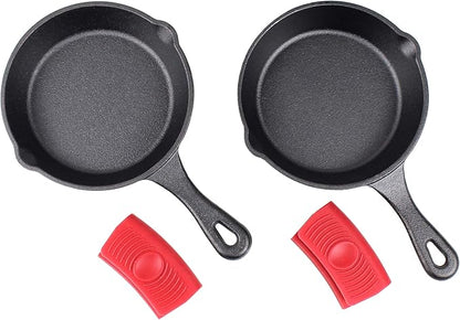 6" Cast Iron Skillet Set of 2 (Pre-Seasoned) with 2 Silicon Hot Handle Holder Grips