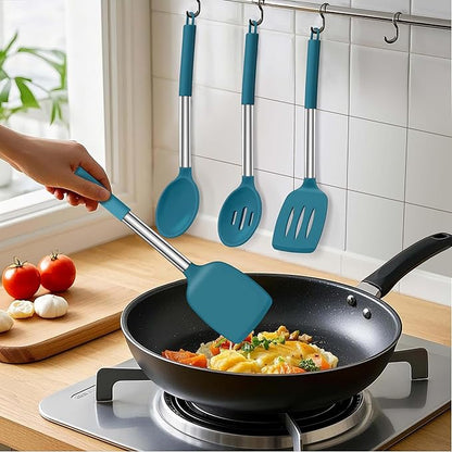 LIANYU Silicone Kitchen Cooking Utensils Set, 4Pcs Heat Resistant Kitchen Tools Spatula for Nonstick Cookware, Slotted Turner, Spoon, Soup Ladle, Pasta Server, Skimmer, Tongs, Blue