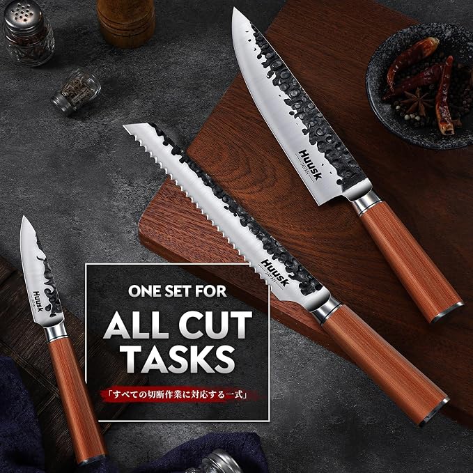 Huusk Japanese Kitchen Knife Set of 3, Professional Chef Knives Set for Kitchen, Sharp Cooking Knife Sets with Bread, Gyutou & Paring Knives, High Carbon Steel Sharp Cutting Knifes, Men Women Gifts