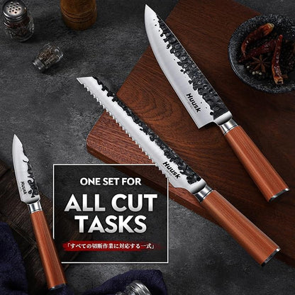 Huusk Japanese Kitchen Knife Set of 3, Professional Chef Knives Set for Kitchen, Sharp Cooking Knife Sets with Bread, Gyutou & Paring Knives, High Carbon Steel Sharp Cutting Knifes, Men Women Gifts
