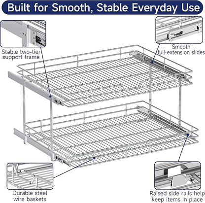 2-Tier Pull Out Cabinet Organizer, 31.5" W x 21.5" D, Heavy Duty Dual Slide Out Shelves for Wide Base Cabinets, Chrome Wire Basket Drawer for Pots, Pans, Pantry & Cleaning Supplies