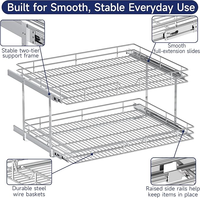 2-Tier Pull Out Cabinet Organizer, 30" W x 21.5" D, Heavy Duty Dual Slide Out Shelves for Wide Base Cabinets, Chrome Wire Basket Drawer for Pots, Pans, Pantry & Cleaning Supplies