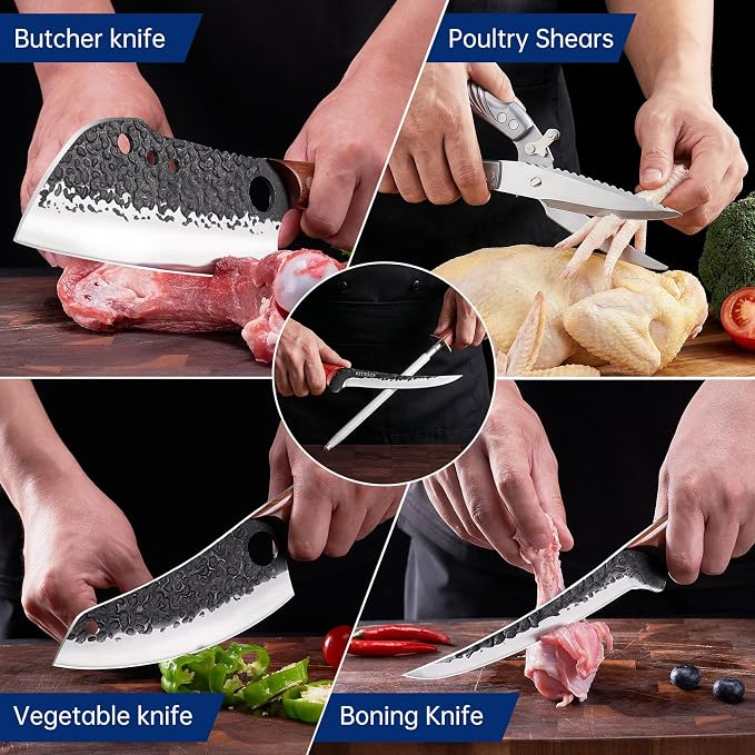 KITNATS 9PCS Butcher Knife Set with Roll Bag, Hand Forged Kitchen Knife Set with Meat Cleaver, Boning Knife & Chef Knife for BBQ, Meat Processing, Camping, Outdoor Cooking, Gift for Men