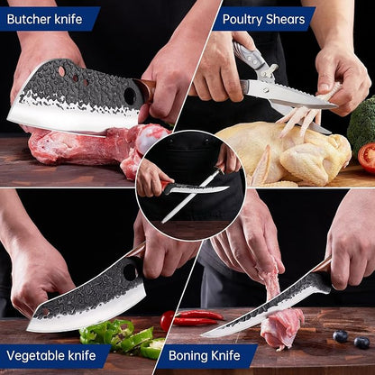 KITNATS 9PCS Butcher Knife Set with Roll Bag, Hand Forged Kitchen Knife Set with Meat Cleaver, Boning Knife & Chef Knife for BBQ, Meat Processing, Camping, Outdoor Cooking, Gift for Men