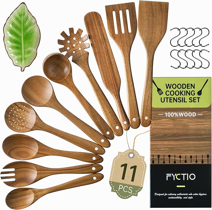 Wooden Utensil Set 11 Pcs - Natural Non-Toxic Acacia Wooden Spoons for Cooking, Nonstick, Sturdy, Easy to Clean, Wood Kitchen Utensils Set with Ceramic Spoon Rest & 10 Hooks, Ideal for Gifting