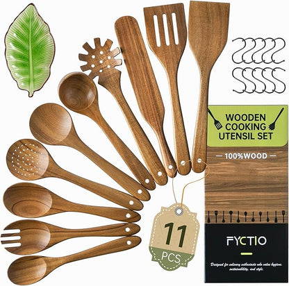 Wooden Utensil Set 11 Pcs - Natural Non-Toxic Acacia Wooden Spoons for Cooking, Nonstick, Sturdy, Easy to Clean, Wood Kitchen Utensils Set with Ceramic Spoon Rest & 10 Hooks, Ideal for Gifting