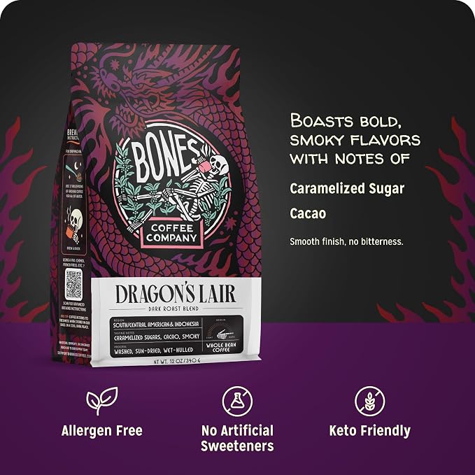 Bones Coffee Company Dragon's Lair - Dark Roast Coffee - Whole Bean - Low-Acid Arabica Coffee Beans - South/Central America and Indonesia Grown - Unflavored - 12 Oz