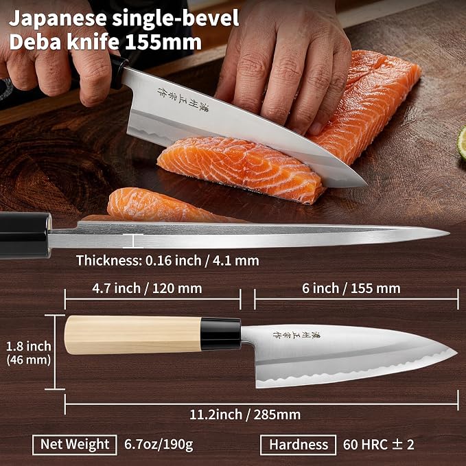 6 Inch Deba Knife, Made in Japan, Right-Handed Single Bevel SK-5 High Carbon Steel, Ultra Sharp 4.1mm Thick Fish Butcher Knife with Octagonal Handle for Fish & Poultry